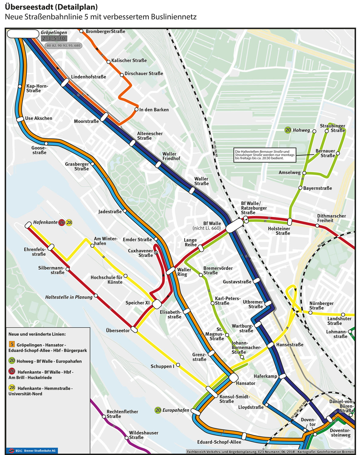Neues Busnetz in der Überseestadt mit geplanten Verläufen der BSAG-Linien 20, 26 und 28