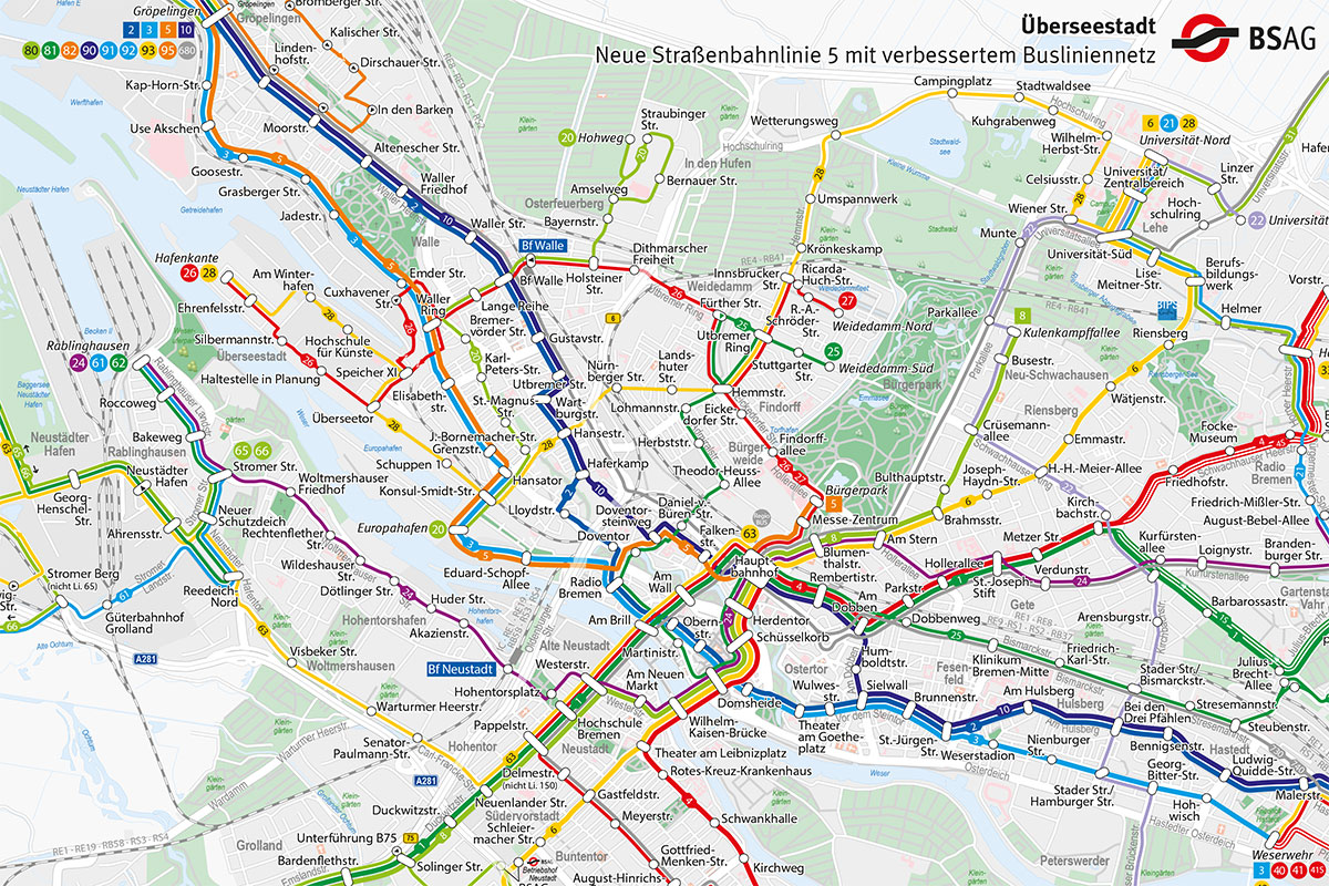 BSAG-Stadtnetzplan mit Linie 5 und angepasstem Busnetz in der Überseestadt