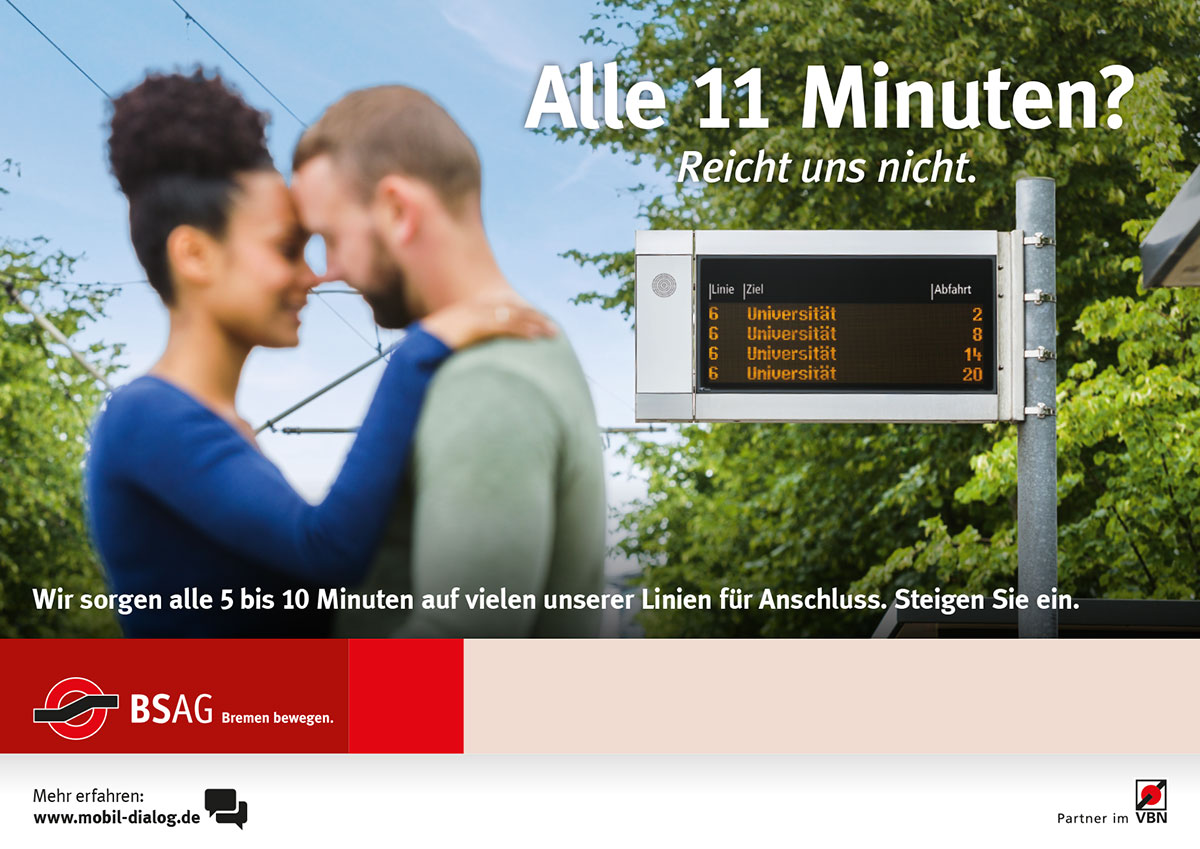 Plakat zur Kampagne der BSAG mit dem Titel "Alle 11 Minuten - Reicht uns nicht"