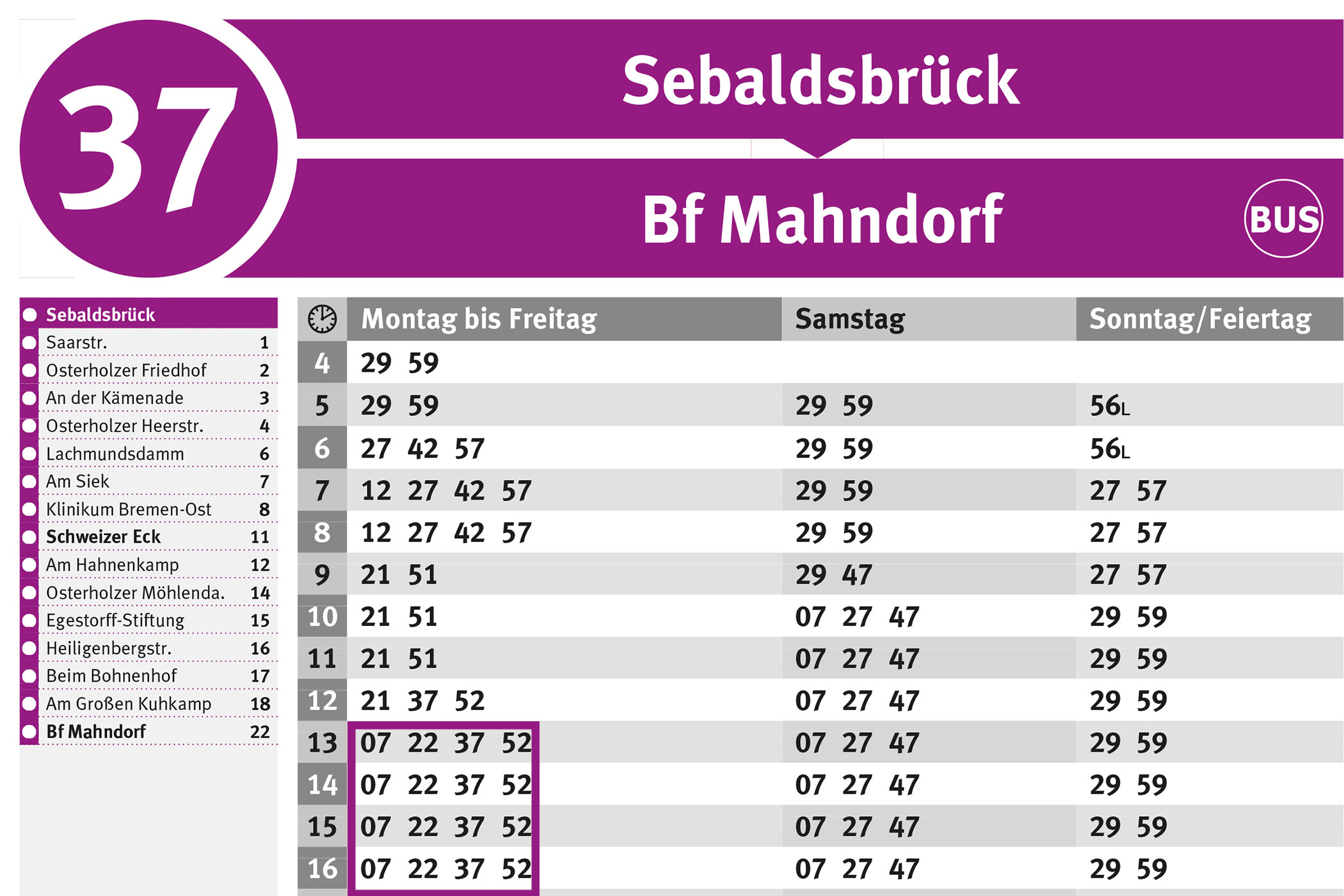 BSAG-Haltestellenfahrplan Sebaldsbrück Linie 37, gültig 2018/2019