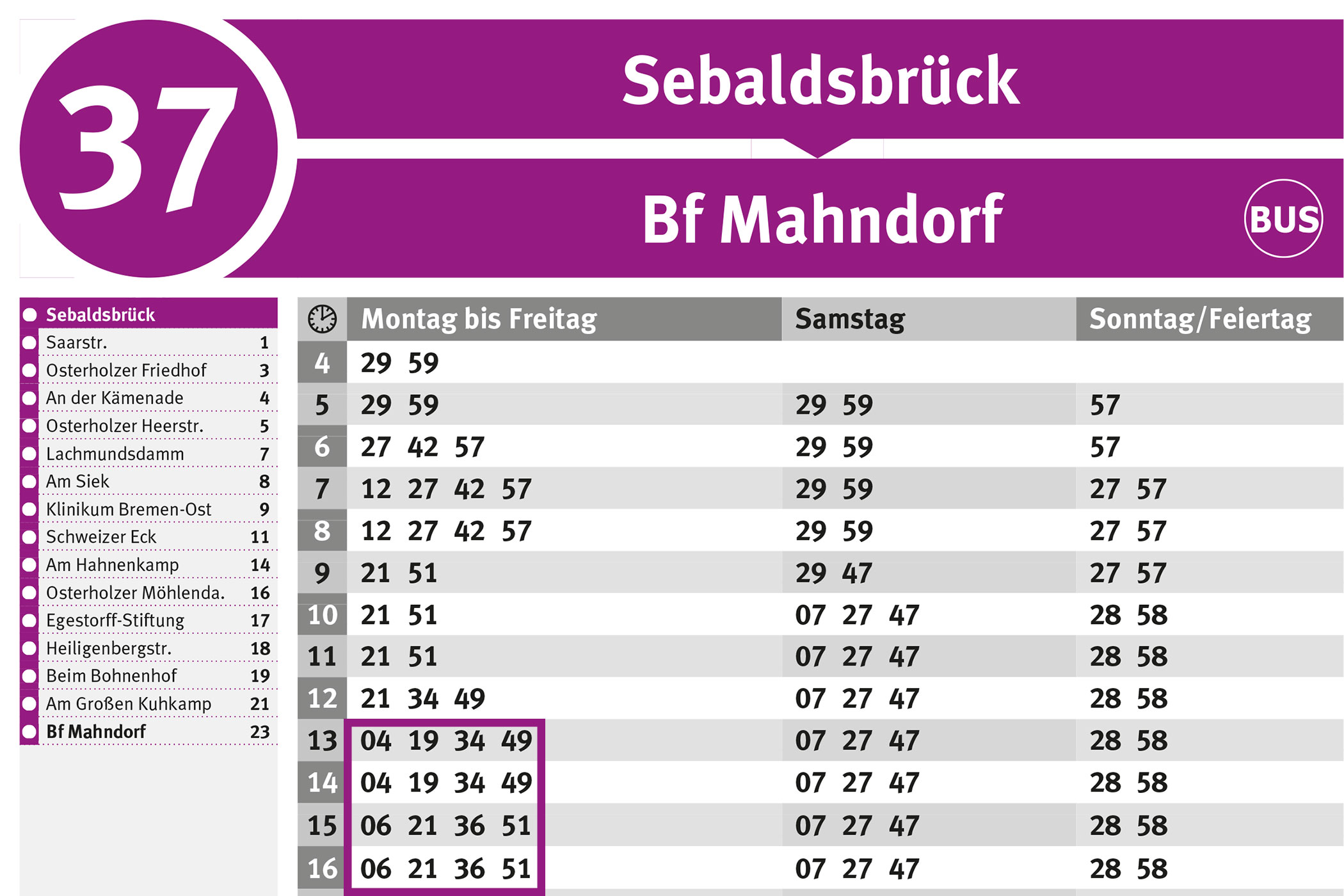 BSAG-Haltestellenfahrplan Sebaldsbrück Linie 37, gültig 2019/2020