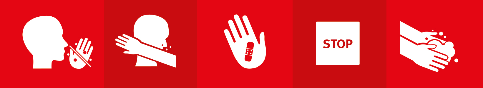 Fünf rote Felder zeigen fünf weiße Symbole. Es handelt sich um Symbole aus den sechs Hygienetipps für die Fahrt in den Bussen und Bahnen der BSAG.