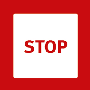 Ein weißes Quadrat mit einem dicken roten Rahmen und dem roten Wort "STOP" in der Mitte. Es handelt sich um ein Feld eines Kärtchens mit sechs Hygienetipps für die Fahrt in den Bussen und Bahnen der BSAG.